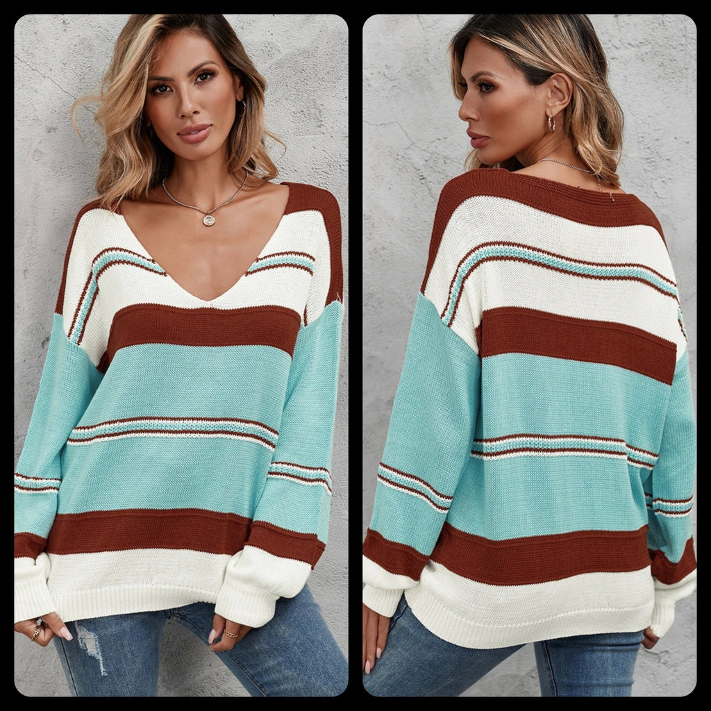 Sky Blue Striped Pattern Knit V Neck Sweater - Lil Monkey Boutique