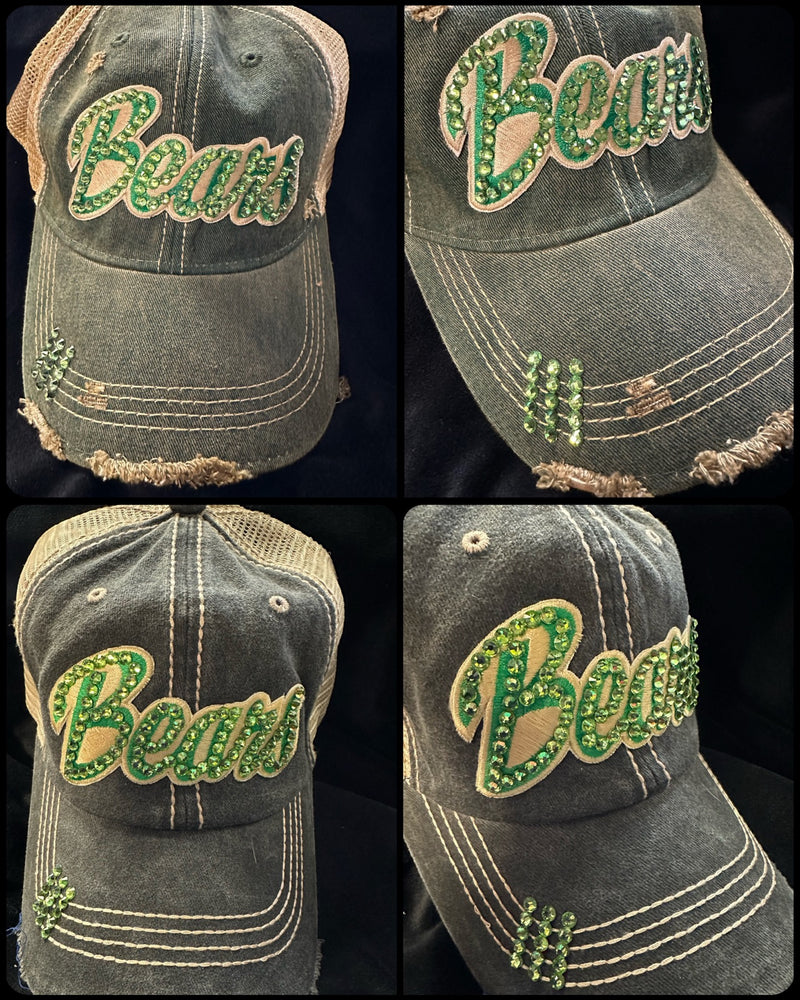 CUSTOM BEARS CRYSTAL BLING ON EMBROIDERED LETTERING BASEBALL HATS - Lil Monkey Boutique