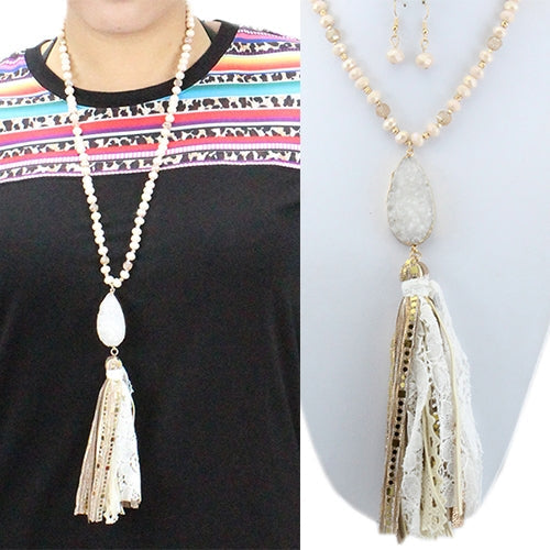 LONG BEADED TASSEL NECKLACE WITH STONE - Lil Monkey Boutique