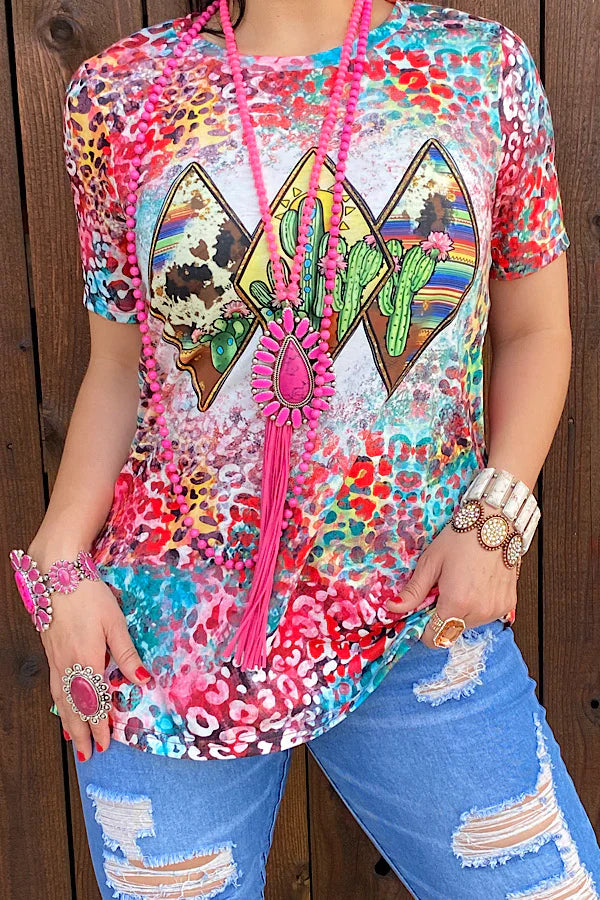 MULTI COLORED LEOPARD CACTUS PRINTED SHORT SLEEVE TOP - Lil Monkey Boutique