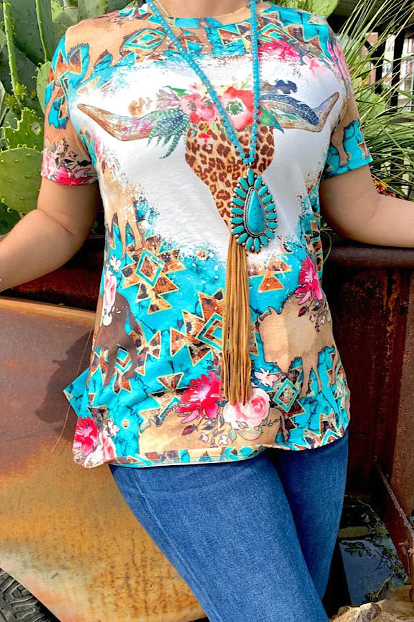 AZTEC TURQUOISE BULL SKULL PRINTED TOP - Lil Monkey Boutique