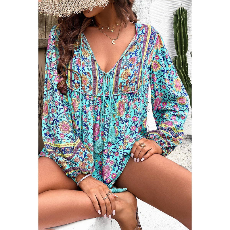 All Over Floral Print Cross Deep V Boho Top