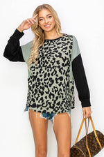 ANIMAL PRINTED COLOR BLOCK ON LONG SLEEVE TOP