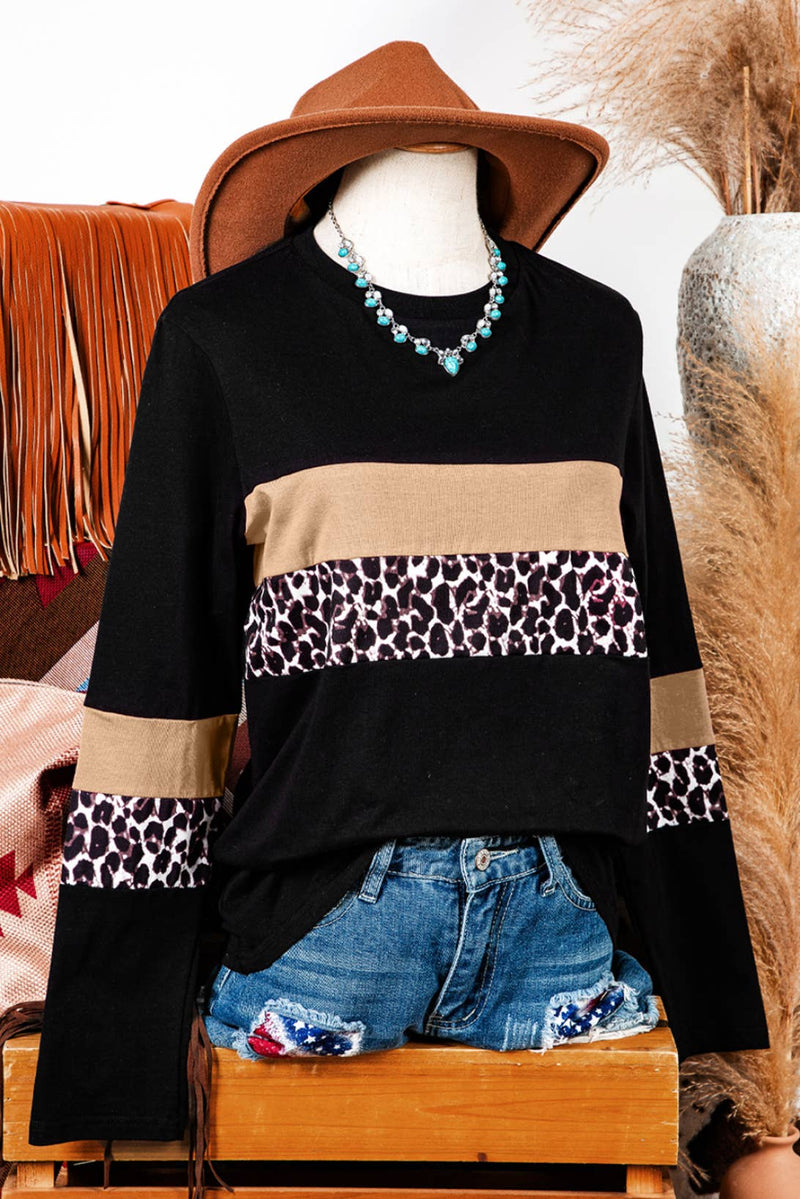 Leopard Colorblock Patchwork Long Sleeve Tee