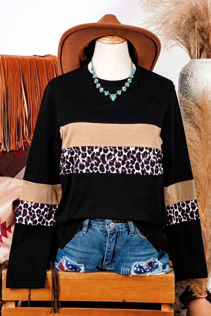 Leopard Colorblock Patchwork Long Sleeve Tee