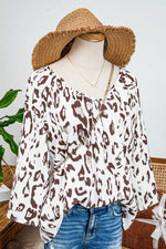 Leopard Print Ruched V Neck 3/4 Sleeve Blouse