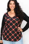 PLUS SIZE PLAID BACK DETAIL V NECK TOP