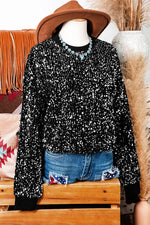 Sequined Long Sleeve Crew Neck Cropped Blouse