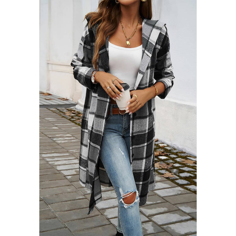 Button Hood Plaid Flannel Trench Coat