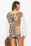 FLOWER AND ANIMAL COLOR BLOCK LONG SLEEVE TOP