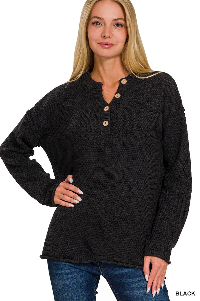 4 Buttons Henley Neckline Solid Color Sweater