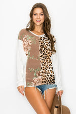 FLOWER AND ANIMAL COLOR BLOCK LONG SLEEVE TOP