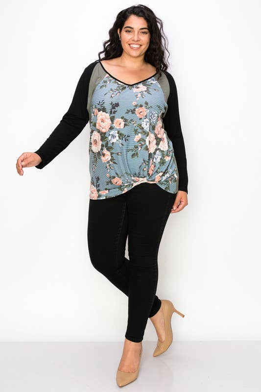 FLORAL PARTIALLY COLOR BLOCK TOP