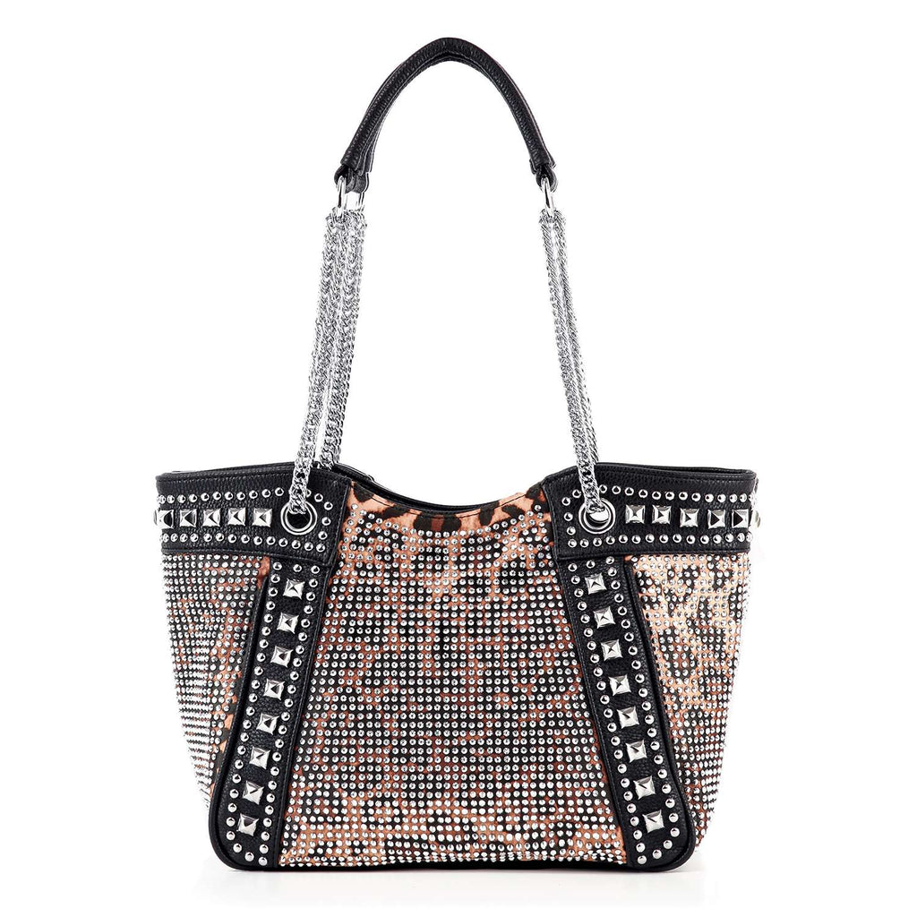 Chain and Rhinestone Studded Leopard Print Handbag - Lil Monkey Boutique