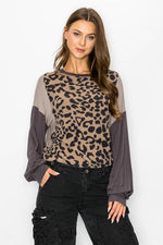 ANIMAL PRINTED COLOR BLOCK ON LONG SLEEVE TOP