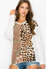 FLOWER AND ANIMAL COLOR BLOCK LONG SLEEVE TOP