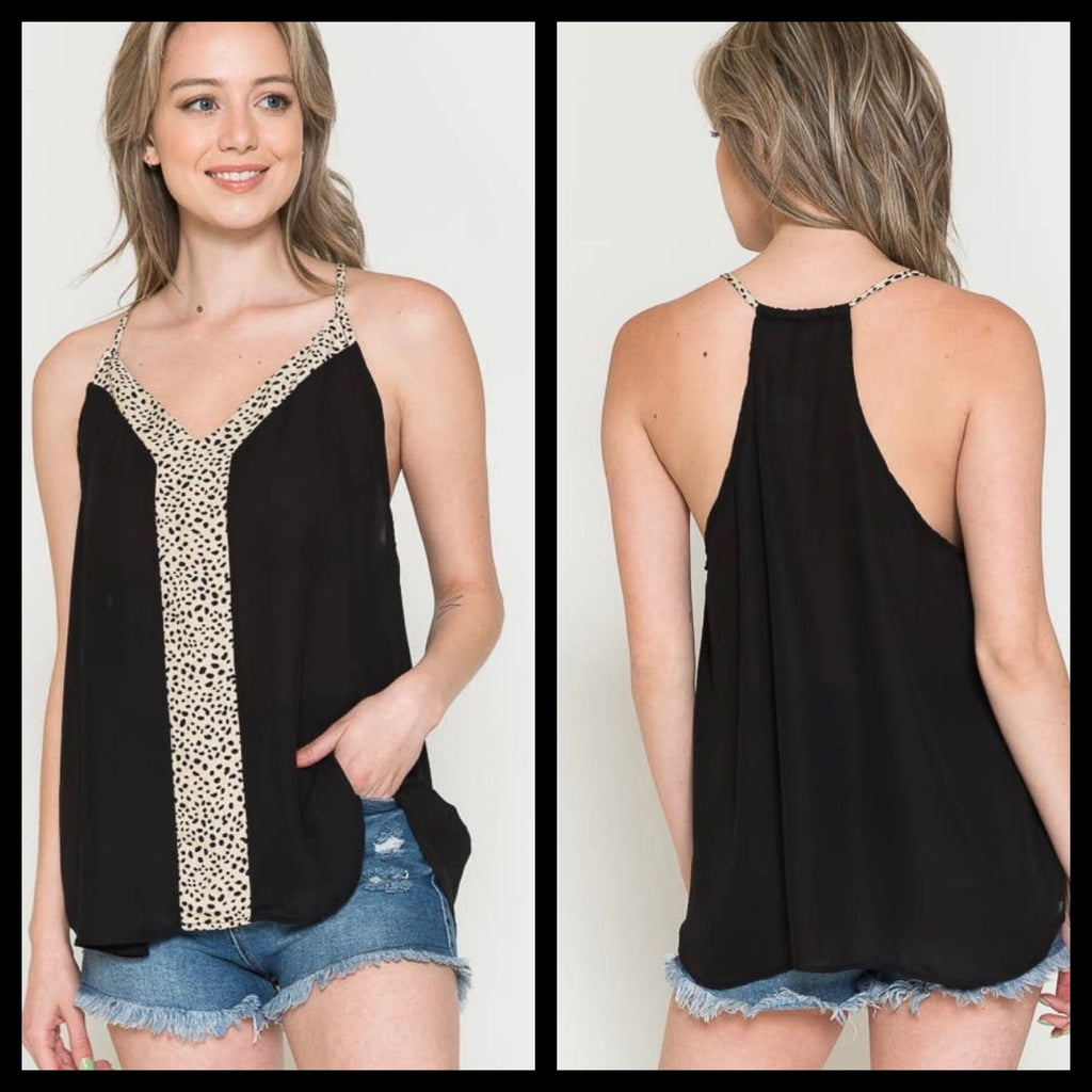 SLEEVELESS V NECK TOP WITH LEOPARD PRINT DETAIL - Lil Monkey Boutique