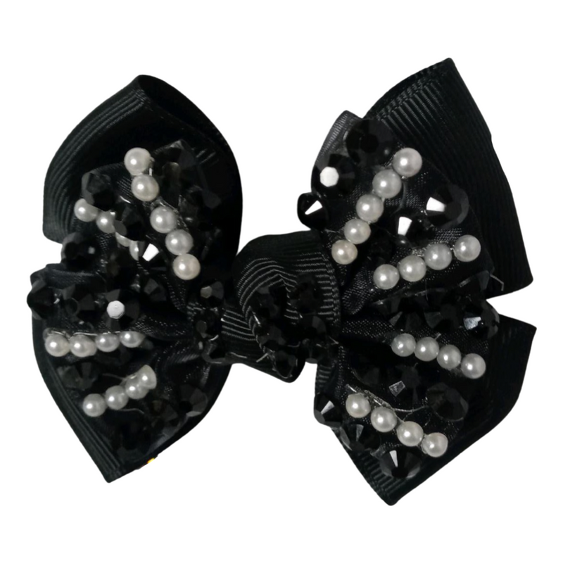 SMALL SOLID BOW W/PEARL & RHINESTONES (roughly 3in) - Lil Monkey Boutique