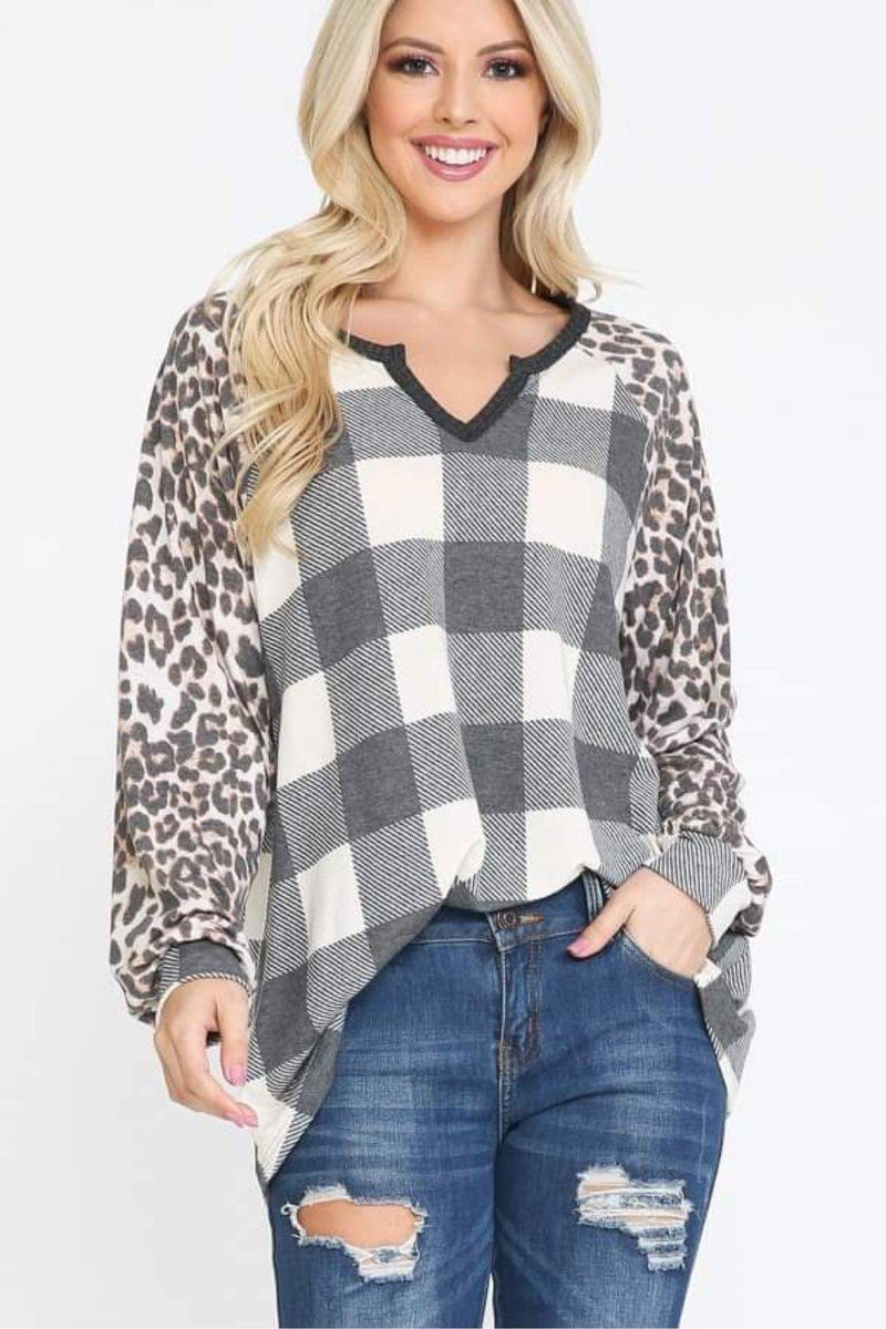 BUFFALO PLAID BLOUSE WITH LEOPARD SLEEVES - Lil Monkey Boutique
