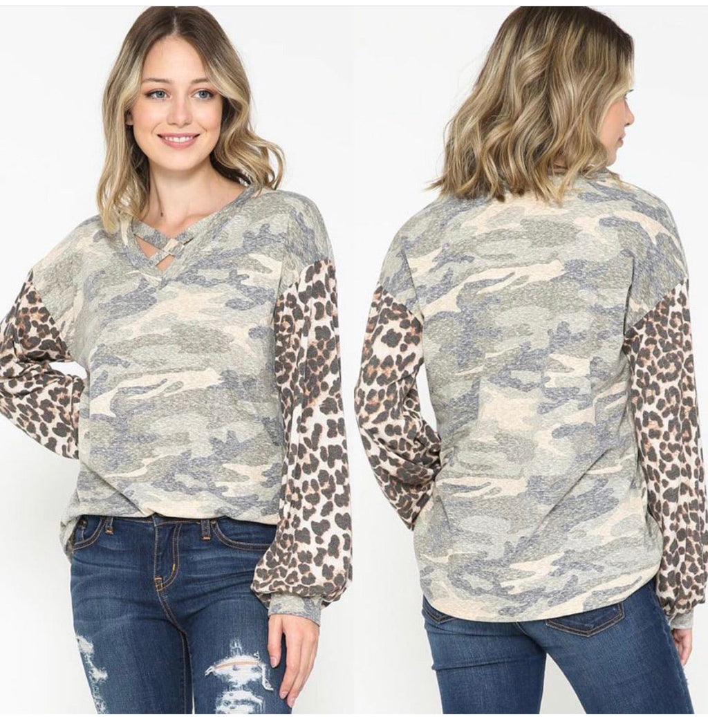 CAMO TOP WITH LEOPARD SLEEVE - Lil Monkey Boutique
