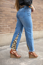 STONE WASH MID RISE CROPPED DISTRESSED HEM JEANS WITH LEOPARD INSET - Lil Monkey Boutique