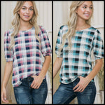 Stretch Knit Jersey Plaid Print Crew Neck With Puff Sleeves - Lil Monkey Boutique