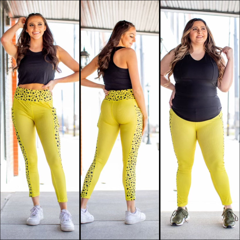 YELLOW AND DALMATIAN LOUNGE LEGGINGS WITH PHONE POCKETS - Lil Monkey Boutique