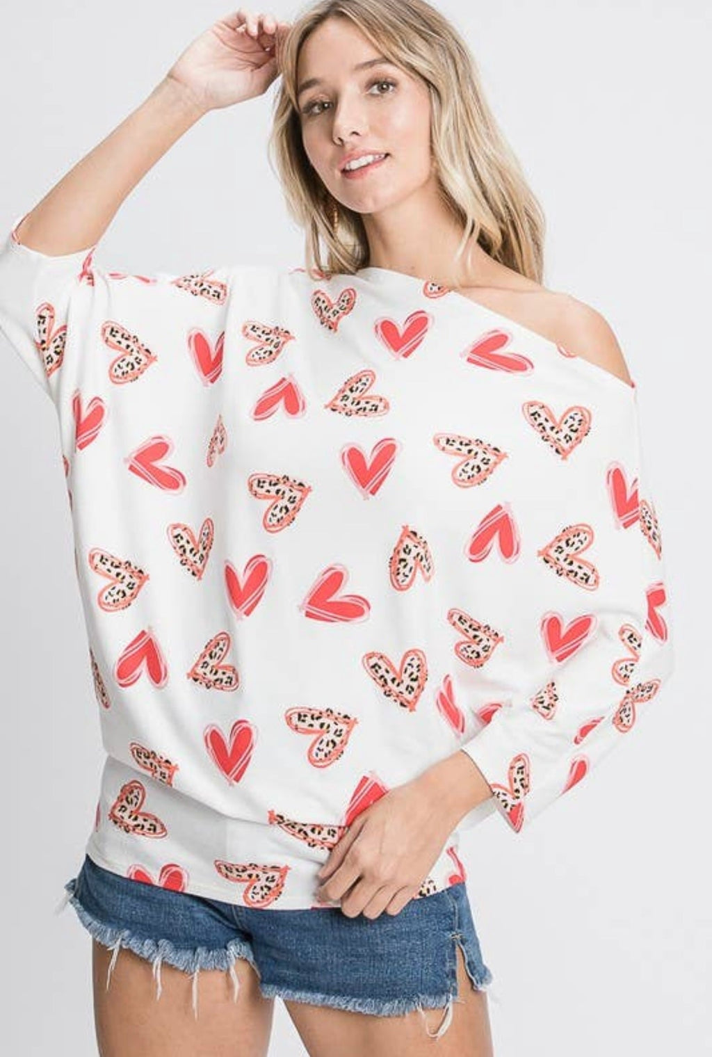 THREE QUARTER SLEEVE HEART PRINT TOP WITH ONE SHOULDER DETAIL - Lil Monkey Boutique
