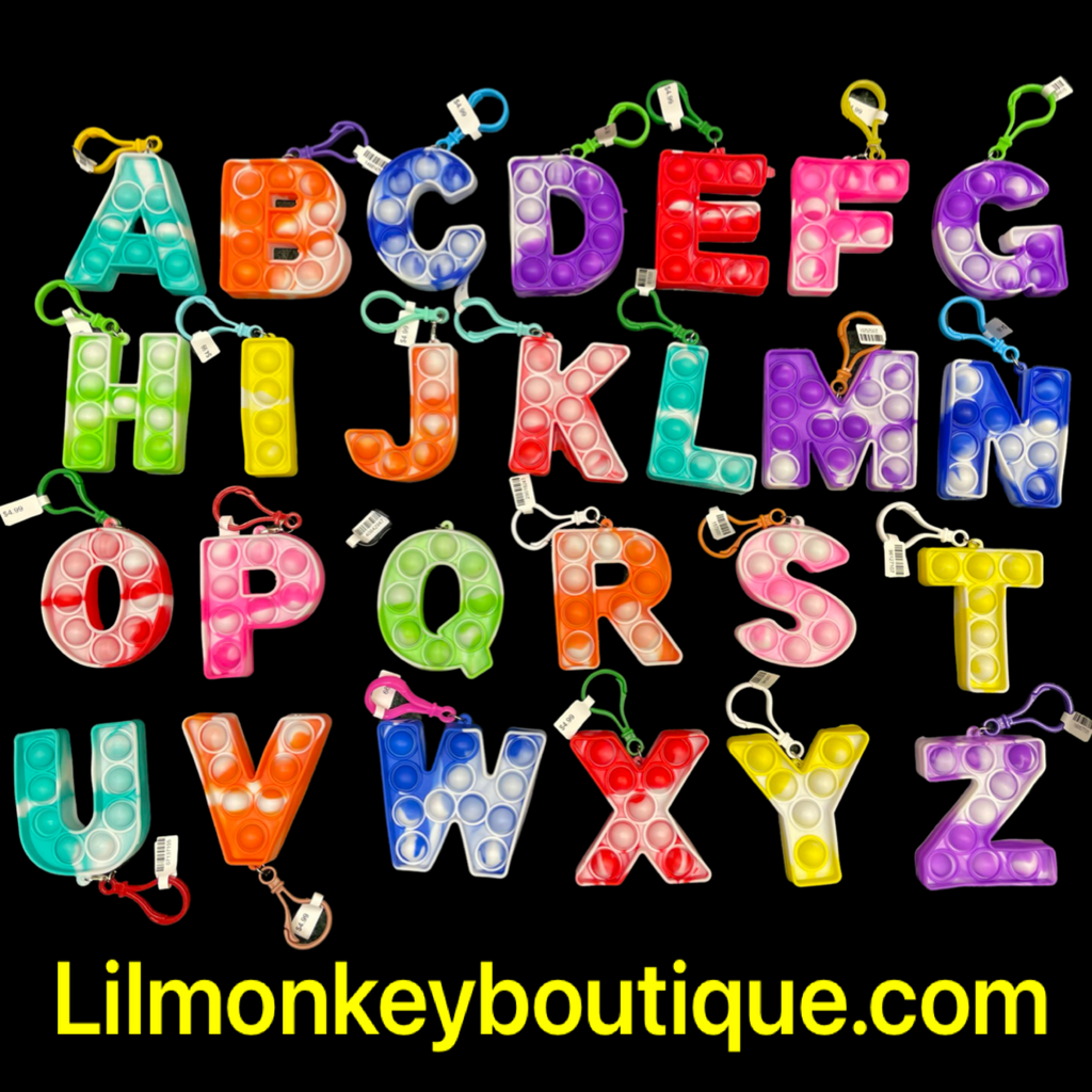 L-V TIE DYE ALPHABET TOY KEYCHAINS (OTHER LETTERS ARE A-K AND W-Z ON WEBSITE)