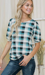 Stretch Knit Jersey Plaid Print Crew Neck With Puff Sleeves - Lil Monkey Boutique