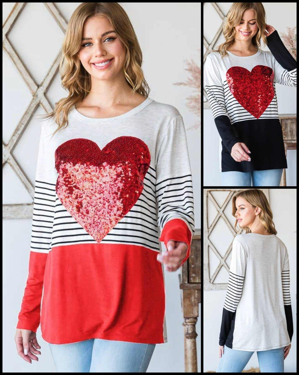 RED SEQUIN LONG SLEEVE ROUND NECK SOLID COLOR BLOCK AND STRIPE TOP - Lil Monkey Boutique