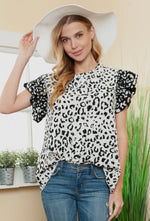 ANIMAL PRINT SHORT SLEEVE BLOUSE WITH RUFFLE ON SLEEVE - Lil Monkey Boutique
