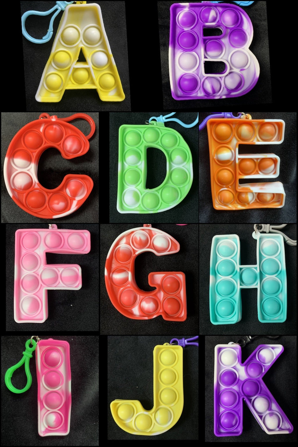 A-K TIE DYE ALPHABET TOY KEYCHAINS (OTHER LETTERS ARE L-V AND W-Z ON WEBSITE) - Lil Monkey Boutique