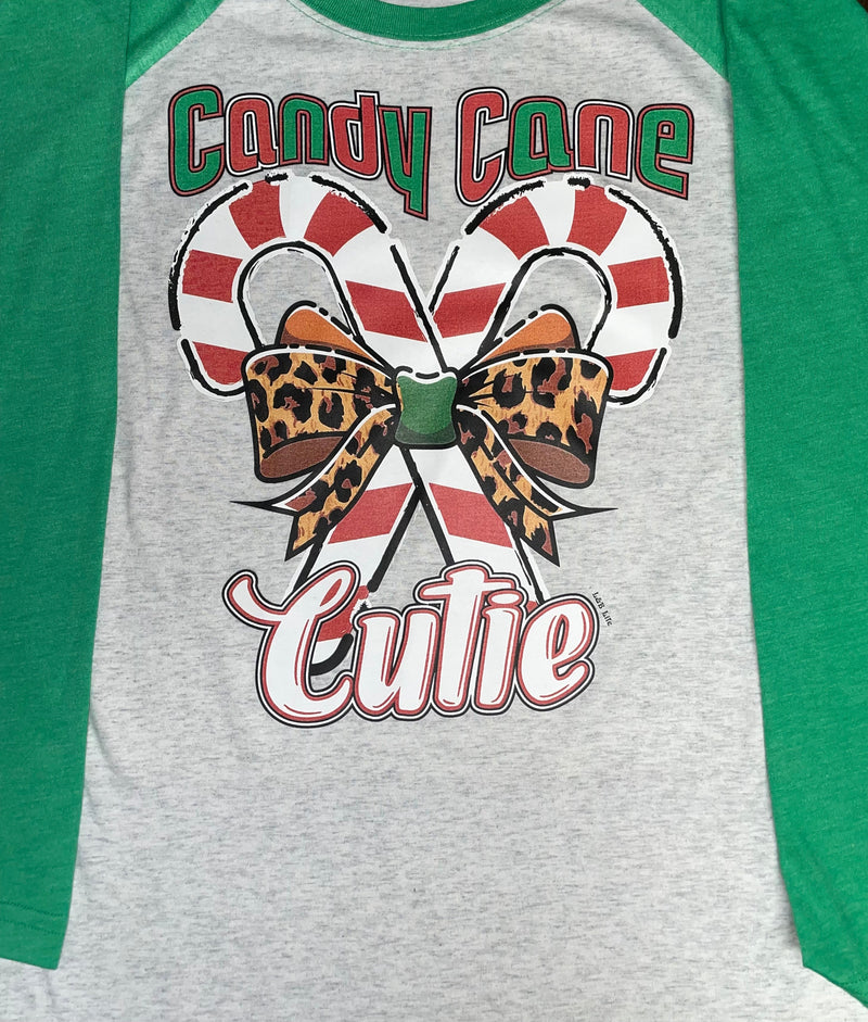 CANDY CANE CUTIE PRINT ON GREEN, RED, OR BLACK SLEEVE RAGLAN CUSTOM SHIRT - Lil Monkey Boutique