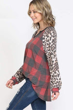 BUFFALO PLAID BLOUSE WITH LEOPARD SLEEVES - Lil Monkey Boutique