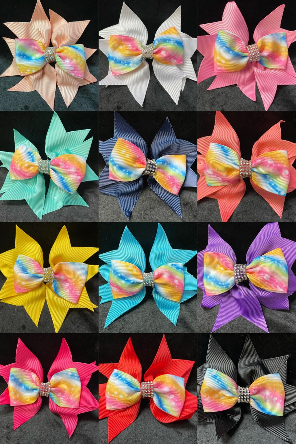 RHINESTONE CENTER BOW WITH MULTI COLOR BOW IN FRONT OF SOLID COLOR BOW (APPROX 4”) - Lil Monkey Boutique