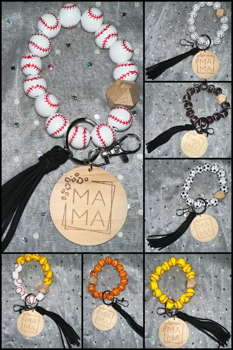 Sports Mama Themed Wooden Beads Wristlet / Keychain with engraved Disc - Lil Monkey Boutique