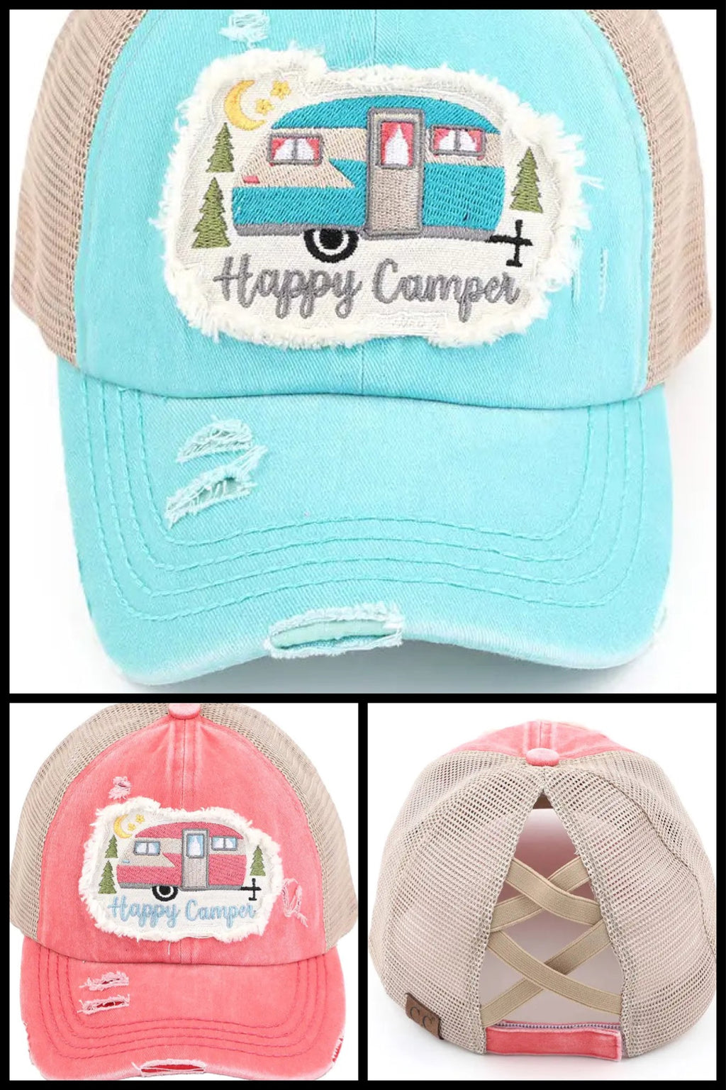 C.C CRISS CROSS HAPPY CAMPER WITH ELASTIC BAND PONYTAIL CAPS - Lil Monkey Boutique