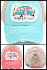 C.C CRISS CROSS HAPPY CAMPER WITH ELASTIC BAND PONYTAIL CAPS - Lil Monkey Boutique