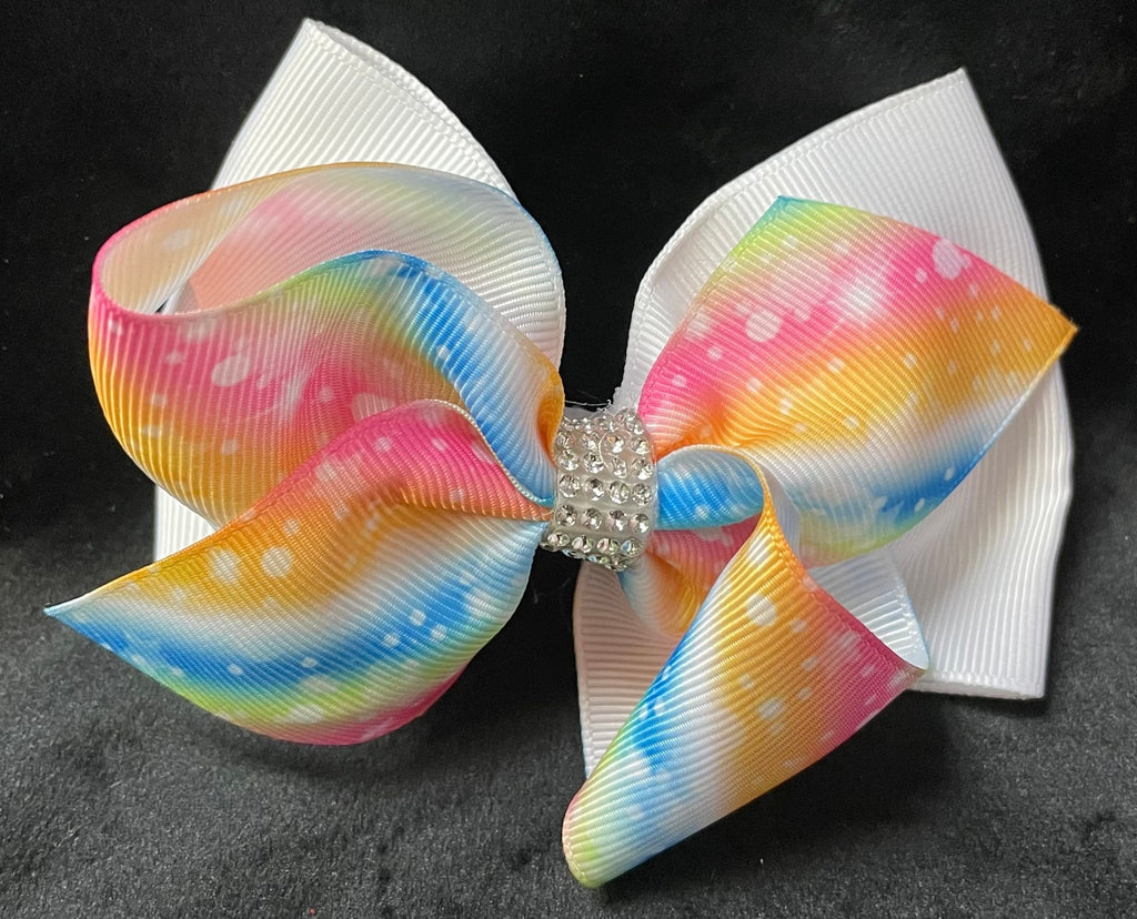 RHINESTONE CENTER BOW WITH MULTI COLOR BOW IN FRONT OF SOLID COLOR BOW (APPROX 4”) - Lil Monkey Boutique