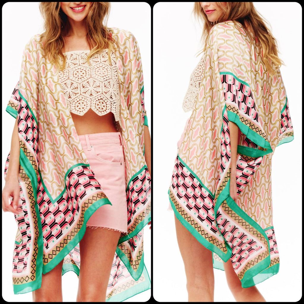 Contrast Trim Abstract Geometric Translucent Cover Up Kimono - Lil Monkey Boutique