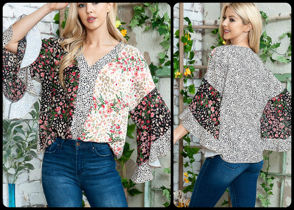 FLORAL SHORT SLEEVE BLOUSE WITH RUFFLE ON SLEEVE - Lil Monkey Boutique
