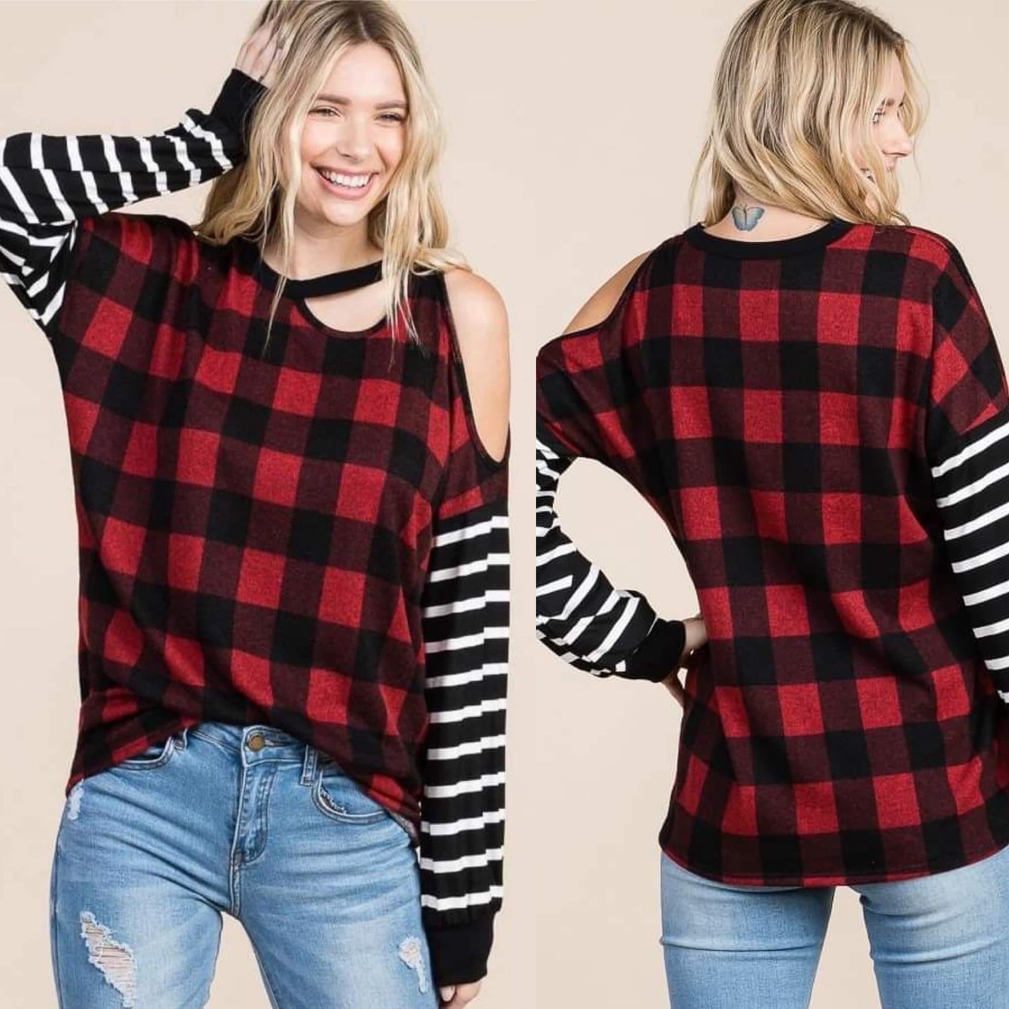 BUFFALO PLAID COLD SHOULDER BLOUSE