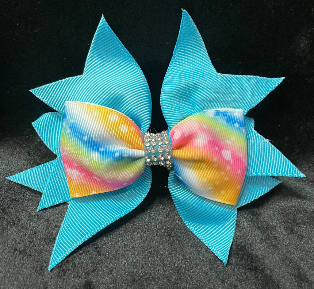 RHINESTONE CENTER BOW WITH MULTI COLOR BOW IN FRONT OF SOLID COLOR BOW (APPROX 4”) - Lil Monkey Boutique