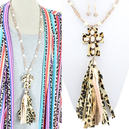 LEOPARD AND CROSS TASSEL NECKLACE - Lil Monkey Boutique