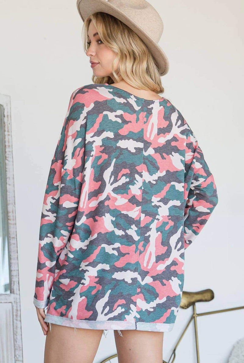 CAMOUFLAGE PRINT OVER SIZED V-NECK RELAXED FOR  LONG SLEEVE BLOUSE - Lil Monkey Boutique