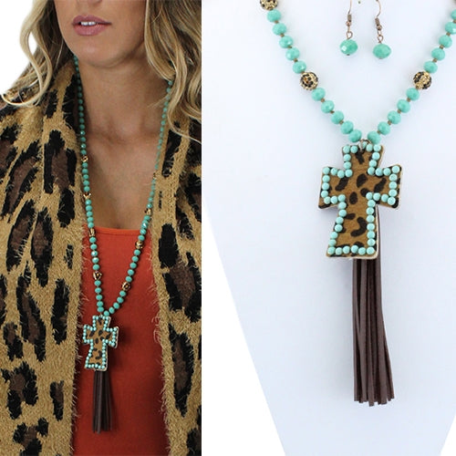BEADED NECKLACE WITH OUTLINED LEOPARD HIDE CROSS & LEATHER TASSEL - Lil Monkey Boutique