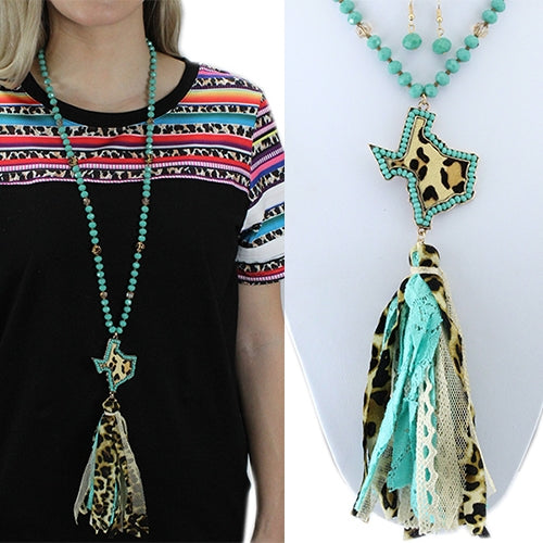 BEADED NECKLACE WITH OUTLINED LEOPARD HIDE TEXAS PENDANT & TASSEL - Lil Monkey Boutique