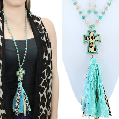 BEADED NECKLACE WITH OUTLINED LEOPARD HIDE CROSS & TASSEL - Lil Monkey Boutique
