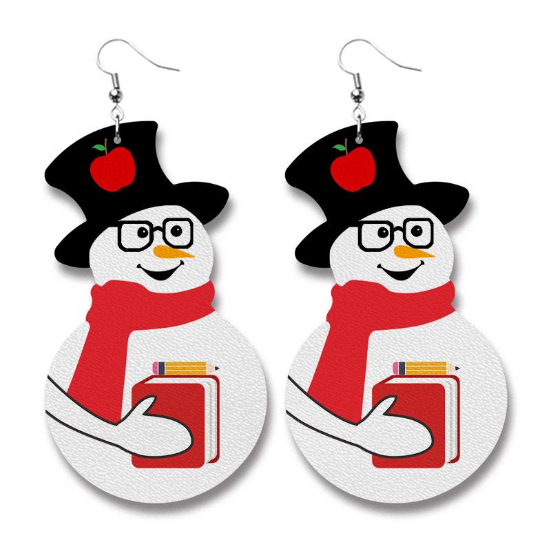 Snowman Teacher with Apple Pencil and Book Leather Earrings Dangle Drop Earrings - Lil Monkey Boutique